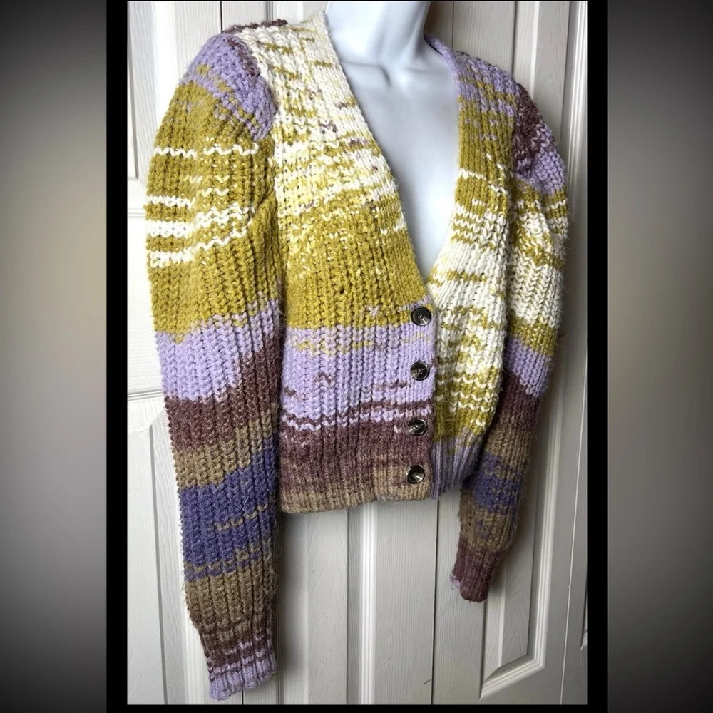 MOON RIVER Anthropologie Chunky Cardigan Sweater Boho Fuzzy Purple Green XS